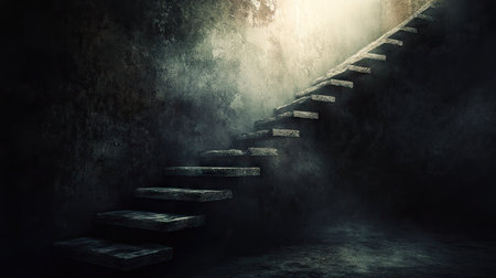 A mystical floating staircase dissolving into shadows, creating a dreamlike and eerie atmosphere.の素材