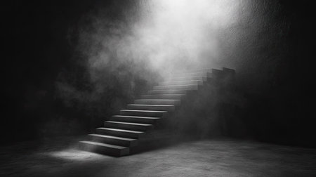A mystical floating staircase dissolving into shadows, creating a dreamlike and eerie atmosphere.の素材