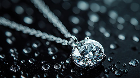 A necklace featuring a brilliant-cut diamond pendant, radiating elegance on a glossy black background.の素材