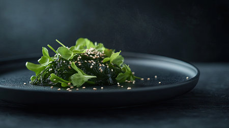 A perfectly plated portion of wakame seaweed salad with sesame seeds, served on a matte black plate with a subtle moody background.の素材
