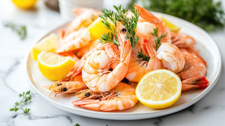A fresh seafood platter with raw shrimp, served with lemon wedges on a white dish, placed on a marble background.の素材
