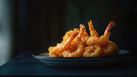 A plate of crispy golden shrimp tempura, arranged neatly on a ceramic dish against a dark, moody background.の素材
