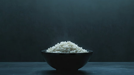 A minimalist food styling shot of a bowl of cooked white rice on a matte black background.の素材