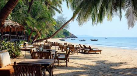 A peaceful beachside caf with soft seating and tables arranged on the sand, perfect for enjoying the sea view.の素材