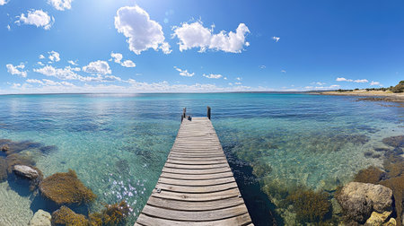 A panoramic view of a wooden pier extending over crystal-clear waters, with the sea stretching into the distance.の素材