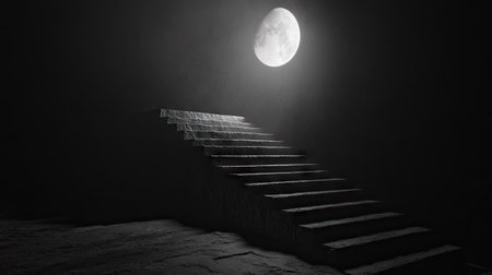 A lonely, desolate stairway bathed in soft moonlight, vanishing into pitch-black nothingness.の素材