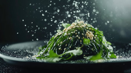 A perfectly plated portion of wakame seaweed salad with sesame seeds, glistening under soft lighting on a dark black dish.の素材