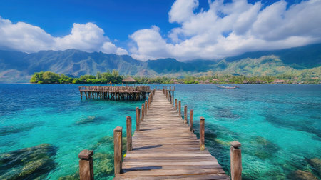 A picturesque wooden pier leading out into the deep blue sea under a partly cloudy sky.の素材