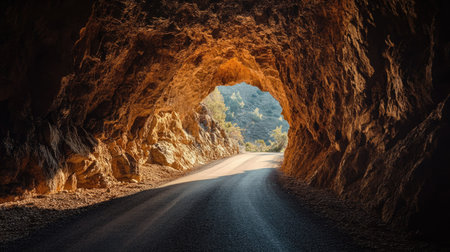 A natural rocky tunnel with a shadowy road, the light at the end creating a sense of anticipation.の素材