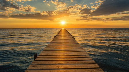 A peaceful wooden pier stretching toward the ocean, with small ripples in the water under a golden sunset sky.の素材