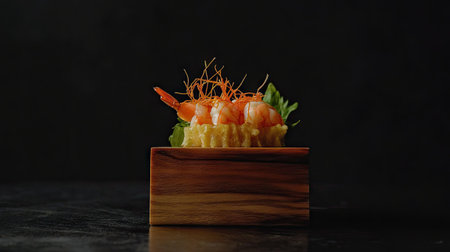 A Japanese-inspired dish featuring shrimp tempura on a traditional wooden serving board, against a deep black background.の素材