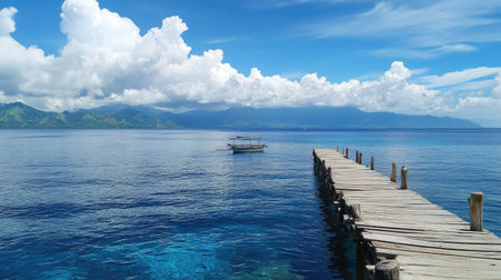 A picturesque wooden pier leading out into the deep blue sea under a partly cloudy sky.の素材