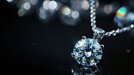 A jewelry store display of a diamond pendant necklace, sparkling brilliantly against a deep black background.の素材