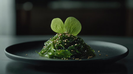 A perfectly plated portion of wakame seaweed salad with sesame seeds, served on a matte black plate with a subtle moody background.の素材