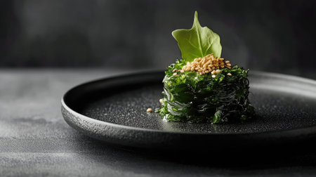 A perfectly plated portion of wakame seaweed salad with sesame seeds, served on a matte black plate with a subtle moody background.の素材
