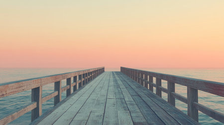 A long wooden pier stretching out to the calm sea, with the horizon blending into a soft orange sunset sky.の素材
