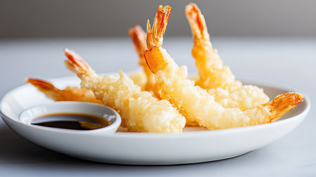A minimalist food styling shot featuring shrimp tempura on a white dish, placed on a soft grey background.の素材