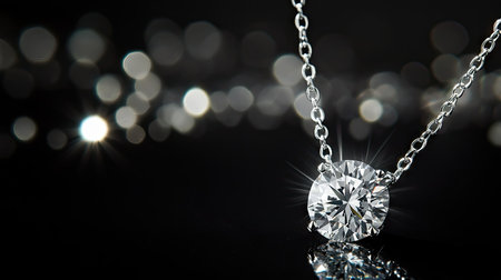 A necklace featuring a brilliant-cut diamond pendant, radiating elegance on a glossy black background.の素材