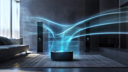 A modern speaker in the center of a room with sound waves expanding outward, visually represented.の素材