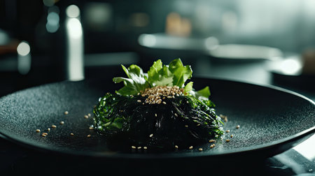 A perfectly plated portion of wakame seaweed salad with sesame seeds, glistening under soft lighting on a dark black dish.の素材