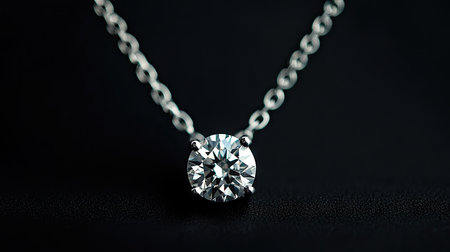 A minimalistic jewelry shot featuring a flawless diamond pendant on a platinum chain, placed against a deep black backdrop.の素材
