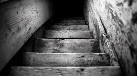 A narrow, creaky wooden staircase disappearing into an unsettling, shadowy space.の素材