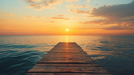 A peaceful wooden pier stretching toward the ocean, with small ripples in the water under a golden sunset sky.の素材