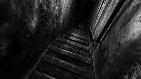 A narrow, creaky wooden staircase disappearing into an unsettling, shadowy space.の素材