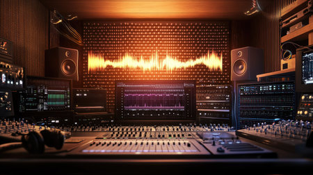 A music studio setup with sound waves pulsing outward from a speaker, surrounded by equipment.の素材