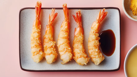 A modern food presentation of shrimp tempura on a rectangular plate, set against a pastel-colored background.の素材