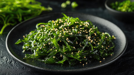 A heaping portion of fresh wakame seaweed salad, sprinkled with sesame seeds, beautifully arranged on a black plate on a dark table.の素材