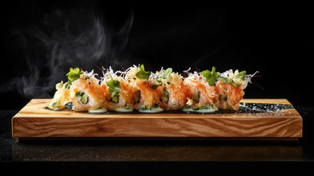 A Japanese-inspired dish featuring shrimp tempura on a traditional wooden serving board, against a deep black background.の素材