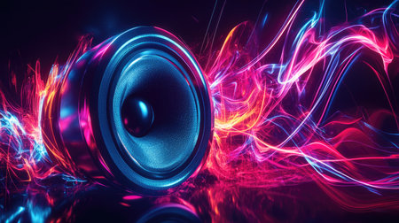 A futuristic concept of a speaker with energetic sound waves bursting outward in a neon style.の素材