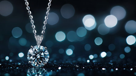 A glamorous jewelry showcase of a diamond pendant necklace, elegantly positioned against a dark background.の素材