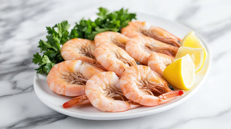 A fresh seafood platter with raw shrimp, served with lemon wedges on a white dish, placed on a marble background.の素材