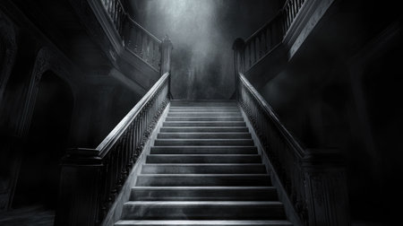 A grand but eerie marble staircase stretching upwards into a pitch-black unknown.の素材