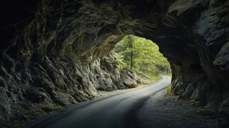 A natural rocky tunnel with a shadowy road, the light at the end creating a sense of anticipation.の素材