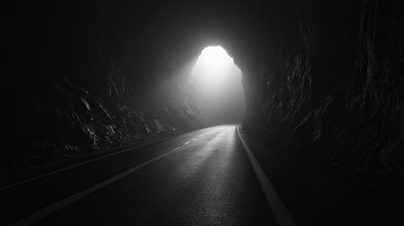 A dramatic shot of a dark road inside a rocky tunnel, with a piercing light shining from the end.の素材