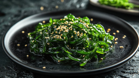 A modern food presentation of wakame salad with sesame seeds on a black plate, placed on a sleek dark background with soft lighting.の素材
