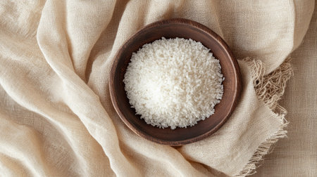 A healthy meal setup with a bowl of white rice on a textured beige fabric background.の素材