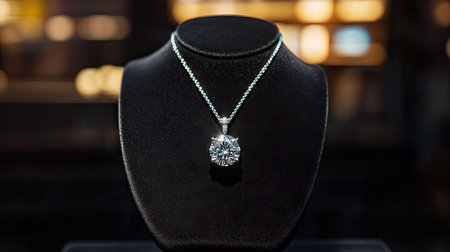 A high-end jewelry display showcasing a brilliant diamond pendant on a soft velvet black surface.の素材