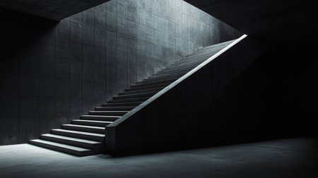A mysterious concrete staircase ascending into pitch-black darkness, with faint light at the base.の素材