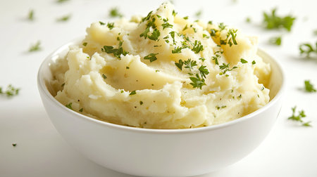 A modern food photography composition featuring mashed potatoes in a white ceramic bowl, sprinkled with parsley, placed on a clean white background.の素材