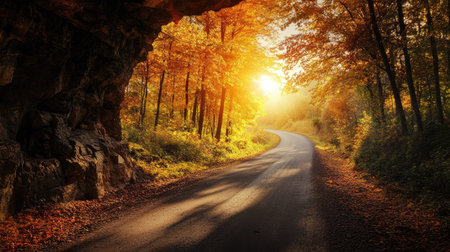 A long, shadowy road through a natural rocky tunnel, with the bright light at the end guiding the way.の素材