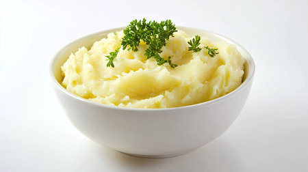 A minimalist presentation of mashed potatoes with a touch of green parsley, plated in a simple white bowl against a bright white setting.の素材