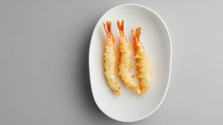 A minimalist food styling shot featuring shrimp tempura on a white dish, placed on a soft grey background.の素材