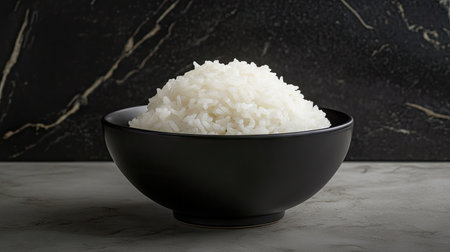 A modern, minimalist setting featuring a bowl of fluffy white rice on a sleek, monochromatic background.の素材