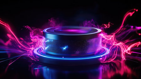 A futuristic concept of a speaker with energetic sound waves bursting outward in a neon style.の素材