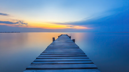 A peaceful wooden pier at dawn, leading toward a calm sea with soft light reflecting off the water.の素材