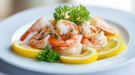 A gourmet-style display of fresh shrimp and lemon slices on a white plate, set against a soft, elegant background.の素材